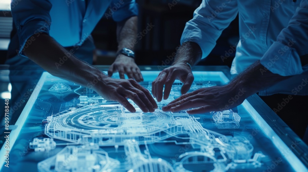 Poster engineering, scientists and developers gathered around illuminated conference table in technology re