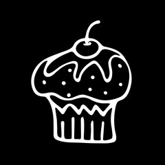 A cute hand-drawn muffing with a cherry on top, a black and white  cupcake icon, a pastry doodle, a chalkboard style cake sketch