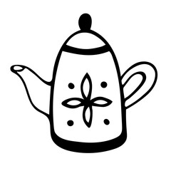 A cute hand-drawn teapot, a black and white teapot icon