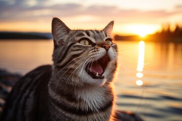Close-up portrait photography of a smiling american shorthair cat murmur meowing over captivating sunset