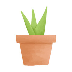 Watercolor vector illustration of a plant in a pot in childish style.