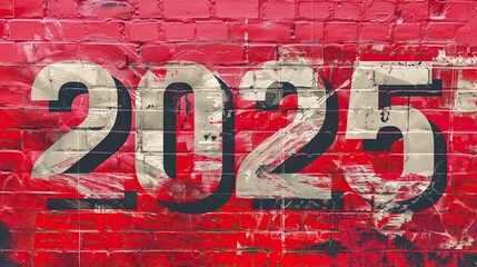The image shows the number 2025 painted in large, white numerals against a textured red brick wall
