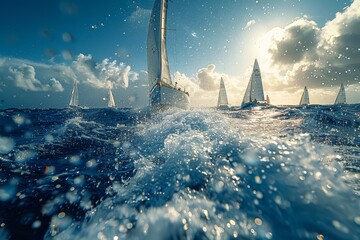 Sailing boats compete in a race on a bright blue sea under a cloud-filled sky, water splashing dynamically