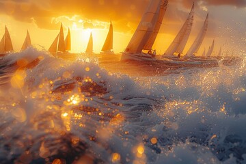A stunning view of sailboats racing during a regatta with a breathtaking sunset and dynamic water splashes