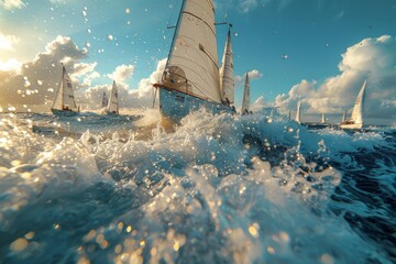 Multiple sailboats with billowing sails navigate through choppy water, splashing waves as they race
