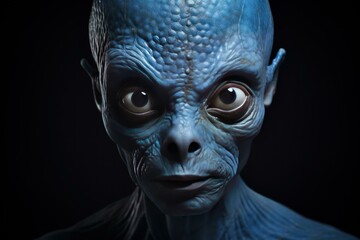 Close-up portrait of a mysterious extraterrestrial alien creature with blue skin and large eyes on a dark background. Showcasing detailed and high-quality makeup and special effects