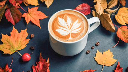 Inviting imagery, hot coffee with milk drawing on clean, autumn-toned dark gray surface.
