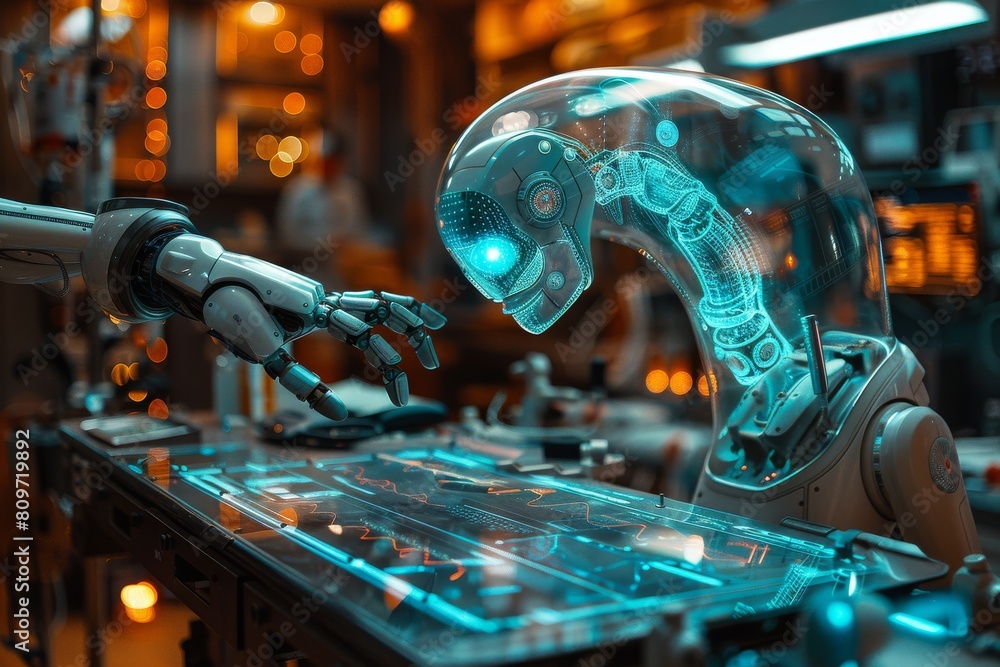Poster a high-tech robot with a transparent head interacting with holographic interfaces in an advanced lab