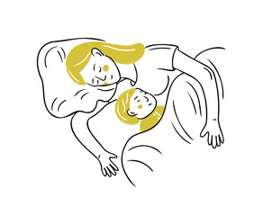 Sketchy drawing of sleeping woman with baby in bed. Outline flat doodle composition isolated on white background. Vector health care and sleeping together concept for logo
