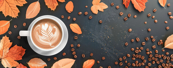Coffee bliss, inviting brew with milk art, set against autumn-colored dark gray background.