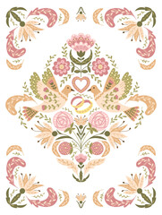 Retro wedding invitation or banner in folk style with floral symmetry composition with birds, rings and heart in muted colors. Botanical vector template for marriage or engagement card