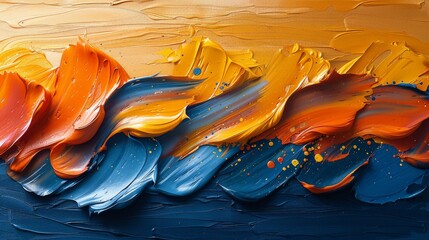 Art painting, mural, modern artwork, paint spots, paint strokes, golden elements, orange, gold, blue, knife painting. Large stroke oil painting.