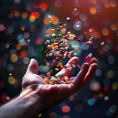 Multicolored medical pills and capsules fly over the hand, levitation of medical preparations