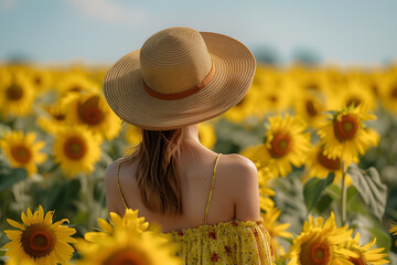 Woman with straw hat on her back in a field of sunflowers
