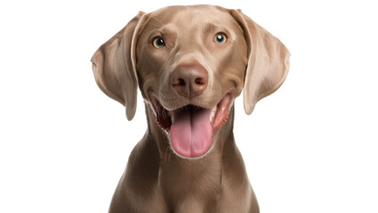 Cute playful doggy or pet is playing and looking happy isolated on transparent background. Brown weimaraner young dog is posing. Cute, happy crazy dog headshot smiling on transparent, png