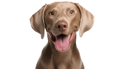 Cute playful doggy or pet is playing and looking happy isolated on transparent background. Brown weimaraner young dog is posing. Cute, happy crazy dog headshot smiling on transparent, png