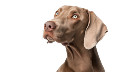 Cute playful doggy or pet is playing and looking happy isolated on transparent background. Brown weimaraner young dog is posing. Cute, happy crazy dog headshot smiling on transparent, png