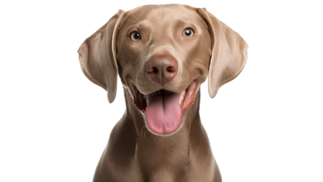 Cute playful doggy or pet is playing and looking happy isolated on transparent background. Brown weimaraner young dog is posing. Cute, happy crazy dog headshot smiling on transparent, png