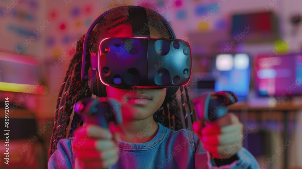 Poster this cute girl wearing headwear and using controllers learned lessons in virtual reality in her elem