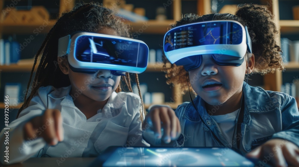 Aufkleber the girls and boy use a tablet computer with augmented reality software in an elementary school comp