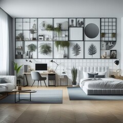 A Room with a template mockup poster empty white and with a bed and a desk and plants on the wall image art lively has illustrative meaning.