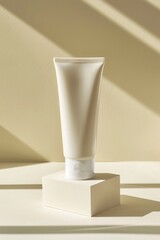 mockup of an empty cream tube, placed on top of a simple white pedestal with a beige background. The scene is illuminated by soft light and shadows that accentuate the texture of both product and