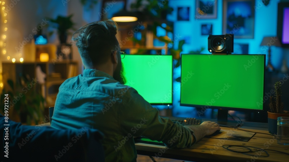 Aufkleber in this image, you can see a creative designer sitting at his desk using a desktop computer with two