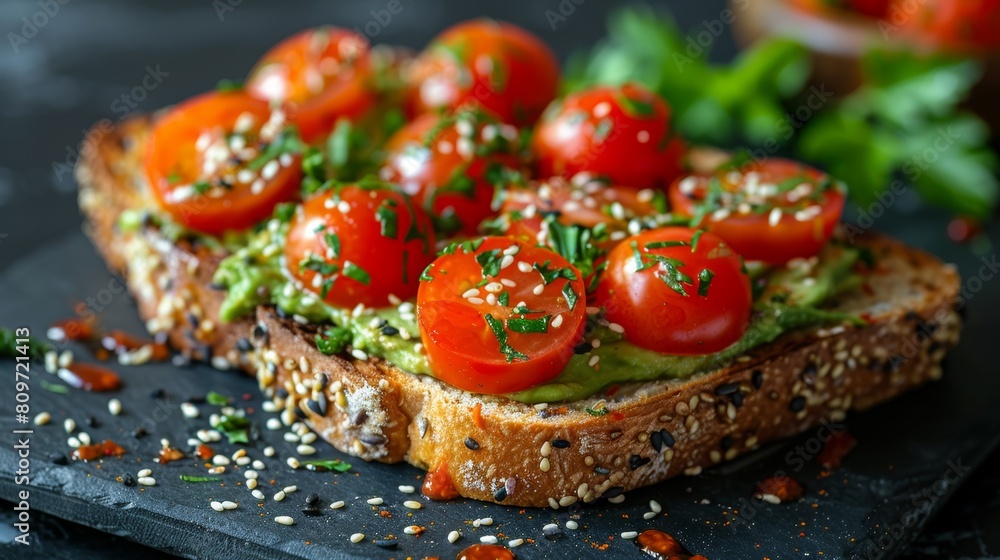 Wall mural healthy breakfast ideas, avocado toast topped with cherry tomatoes and sesame seeds, a healthy and satisfying choice for your next meal