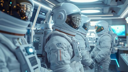 A team of aerospace engineers design a new space suit for galaxy exploration and travel. A group of scientists use computers and discuss the new space suit. An astronaut helmet is constructed.