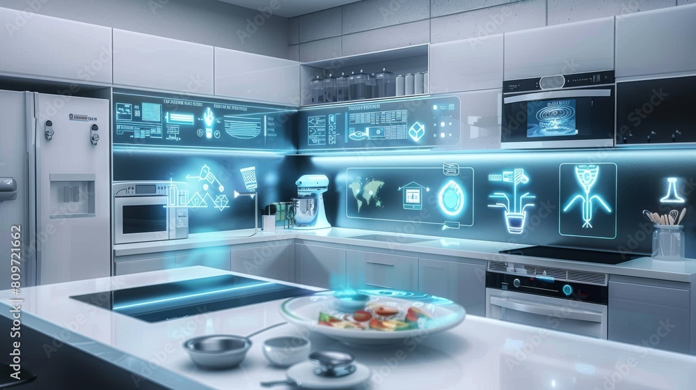 Poster various data and information are shown in this internet of things concept of a modern kitchen that h