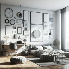 A Room with a template mockup poster empty white and with a couch and a desk realistic photo photo harmony.