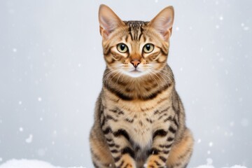 Fototapeta premium Studio portrait photography of a cute ocicat back-arching isolated in snowy winter scene