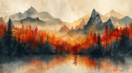 An abstract artistic background. Hand-painted, Chinese style landscape painting with golden texture. Ink landscape painting. Modern Art. Prints, wallpapers, posters, murals, carpets...