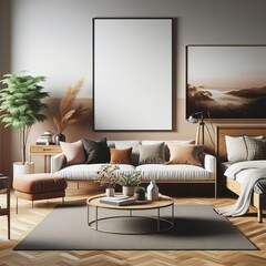 A Room with a template mockup poster empty white and with a couch and a table image realistic photo harmony.