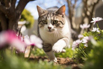Naklejka na ściany i meble Environmental portrait photography of a funny american shorthair cat sprinting over blooming spring garden