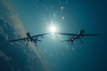 Naklejka premium Two silhouetted drones in flight, caught against the blinding sun, symbolizing the futuristic and strategic aspects of modern warfare