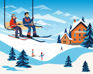 Man and woman riding on a ski lift. Ski resort in the mountains, with ski lifts, houses, hotels. People skiing. 