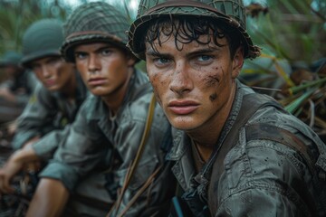 Fototapeta premium Soldiers in camouflage gear lie in wait, with a young male soldier in focus