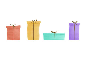 Set of watercolor vector illustration of gift boxes in childish style.