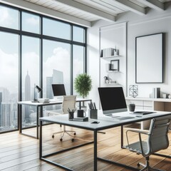 A Room with a template mockup poster empty white and with a large window and a large desk with computers image realistic photo harmony.