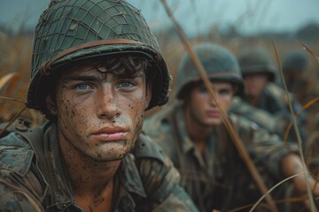 Obraz premium Soldier with a focused expression peers out from the brush, embodying a state of high alertness