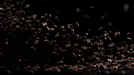Dramatic silhouette of floating coffee beans captured in mid-air