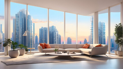 A contemporary living room in a high-rise with panoramic views of the city skyline at sunset