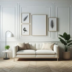 A white couch in a Room with a template mockup poster empty white and with a lamp and pictures on the wall image art photo has illustrative meaning card design.