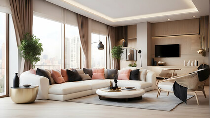 Fototapeta premium Elegantly designed spacious living room with modern furniture and panoramic city view Comfort and luxury lifestyle concept
