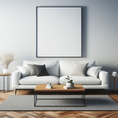 A white couch with a black frame on the wall image realistic photo card design.
