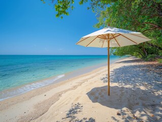 Fototapeta premium Beach umbrella at summer under the sun at sunny day, orange, yellow