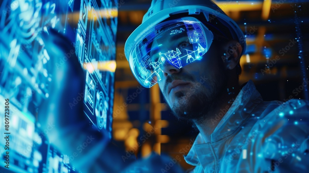 Poster a male engineer using a digital tablet computer while working on a satellite construction project. a