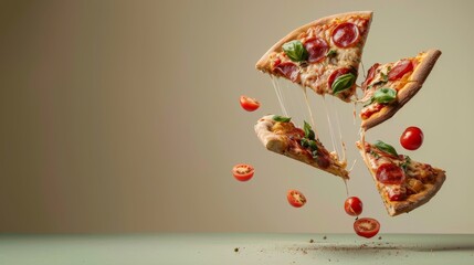 Dynamic copy space with levitating pizza slices for advertising