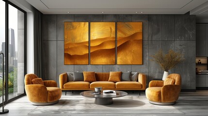 Modern abstract art print set with golden brush strokes, texture, perfect for home decor, wallpaper, posters, cards, murals, hangings, etc.